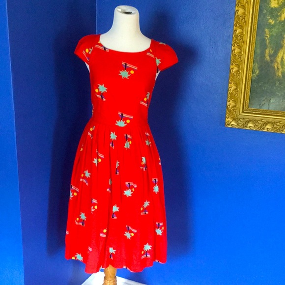 Emily & Fin red/orange palm tree, beach, sun print fit & flare swing dress 🏝☀️ - Picture 2 of 13